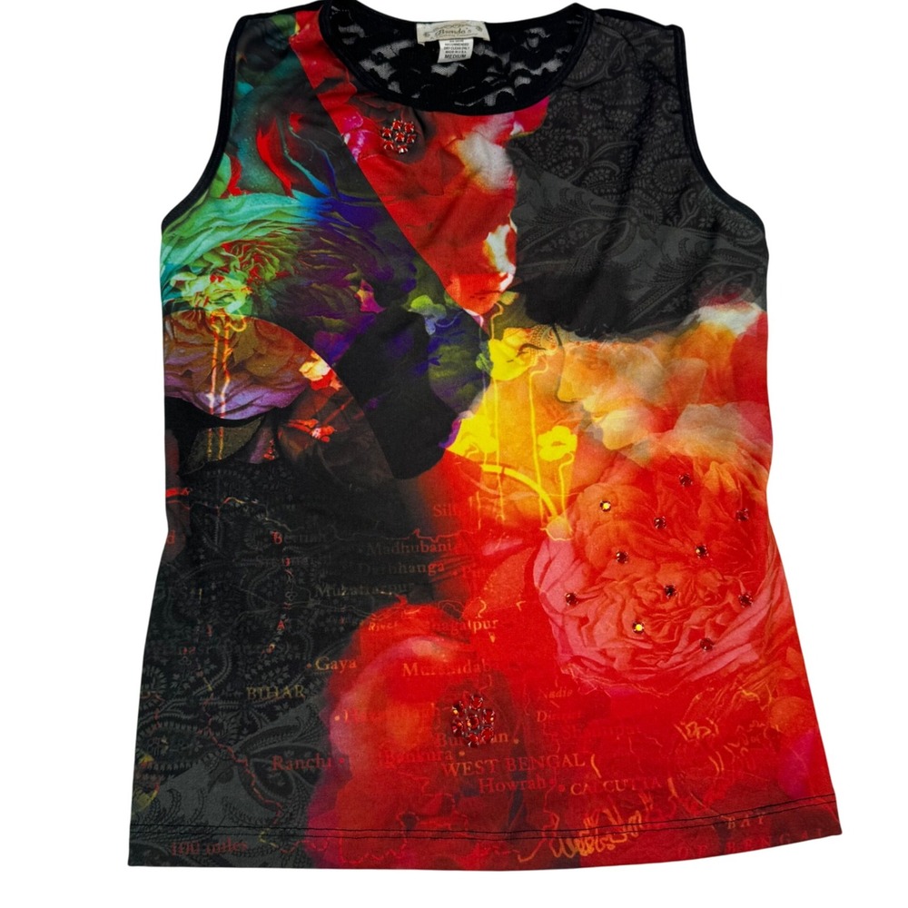 VTG Y2K Brenda's M Black Red Lace Abstract Print Tank Top Phoebe Rhinestone Goth - Picture 6 of 10
